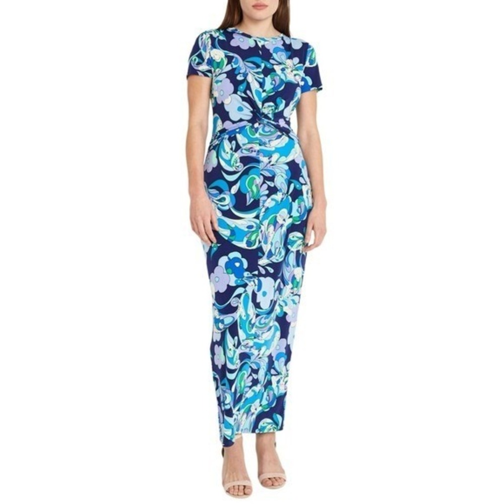 NWT Donna Morgan Navy Floral‎ Retro Twist Front Maxi Dress 4 Elevated Boho Mod